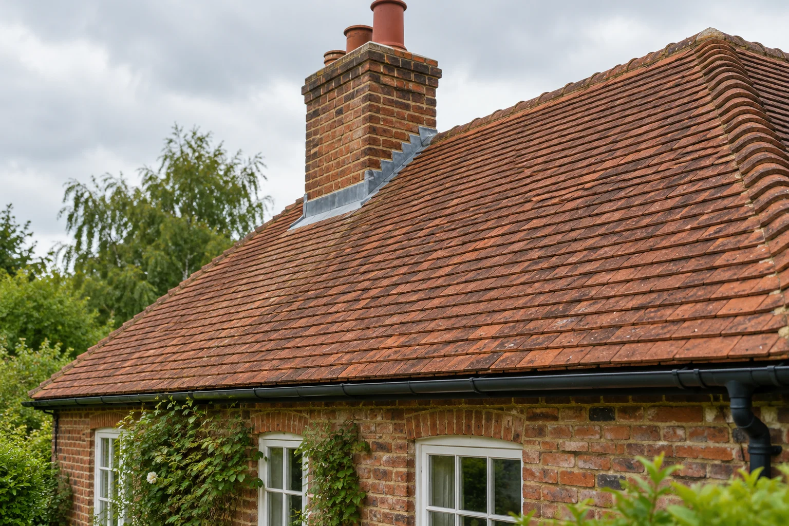 Illustrative AI-generated image of a clay-tiled cottage roof and brick chimney